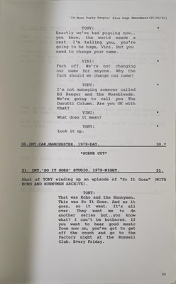 Lot 473 - MANCHESTER MUSIC - SHOOTING SCRIPT FOR 24HR PARTY PEOPLE.