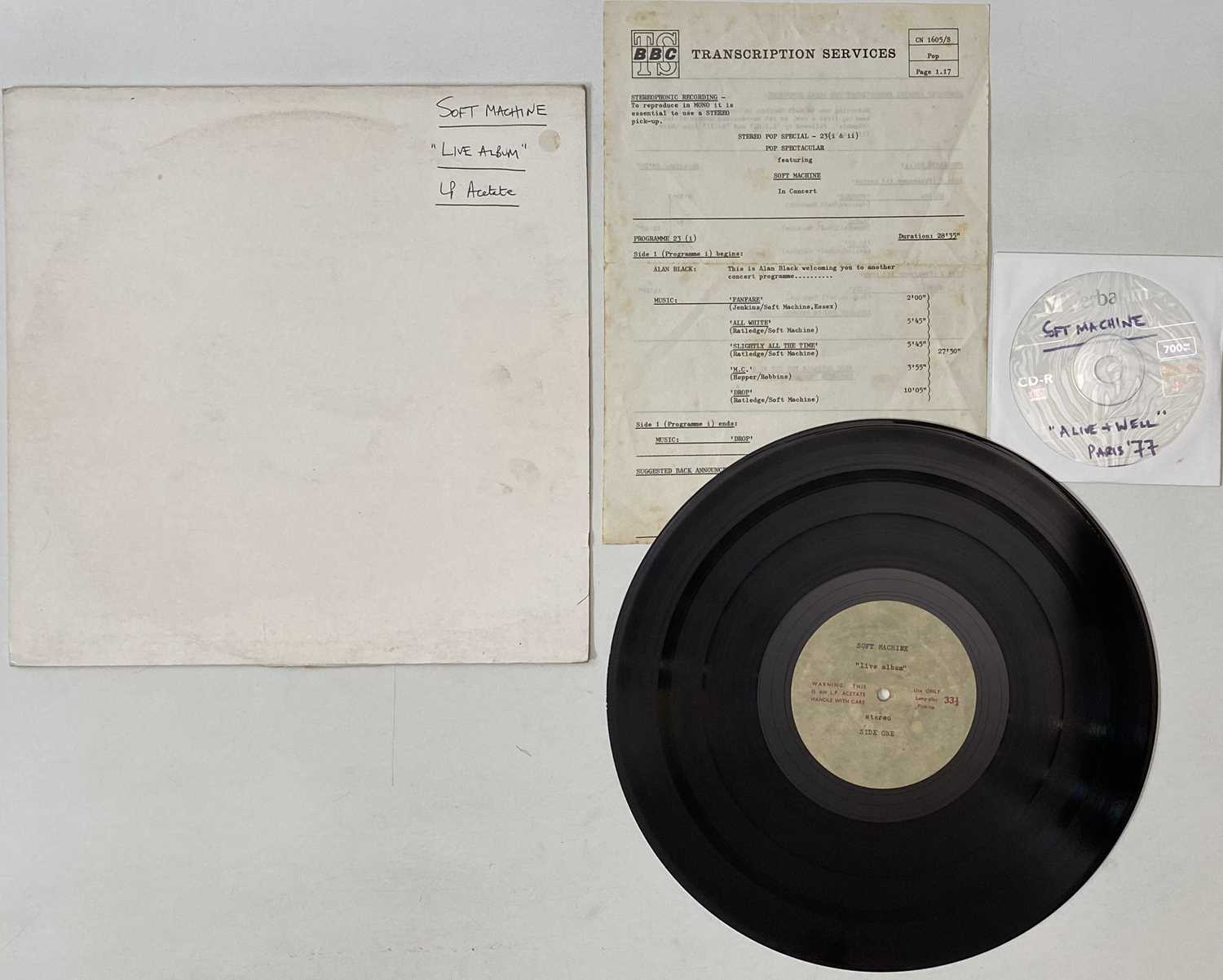Lot 169 - SOFT MACHINE - STEREO POP SPECIAL 23 LP ACETATE (BBC TRANSCRIPTION - CN 1605/S)