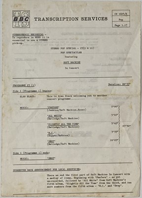 Lot 169 - SOFT MACHINE - STEREO POP SPECIAL 23 LP ACETATE (BBC TRANSCRIPTION - CN 1605/S)