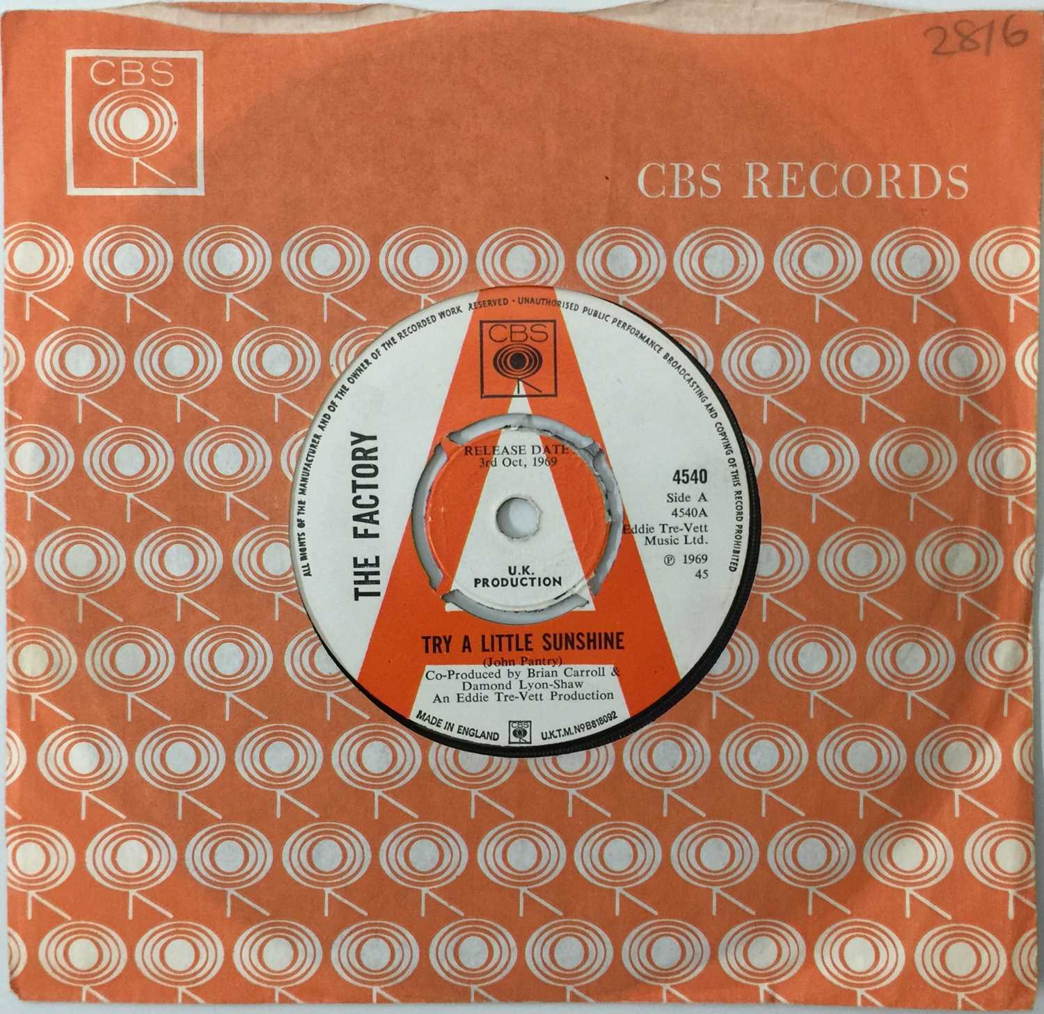 Lot 140 - THE FACTORY - TRY A LITTLE SUNSHINE C/W RED CHALK HILL 7" (PROMO - CBS 4540 - 4-PRONG CENTRE)