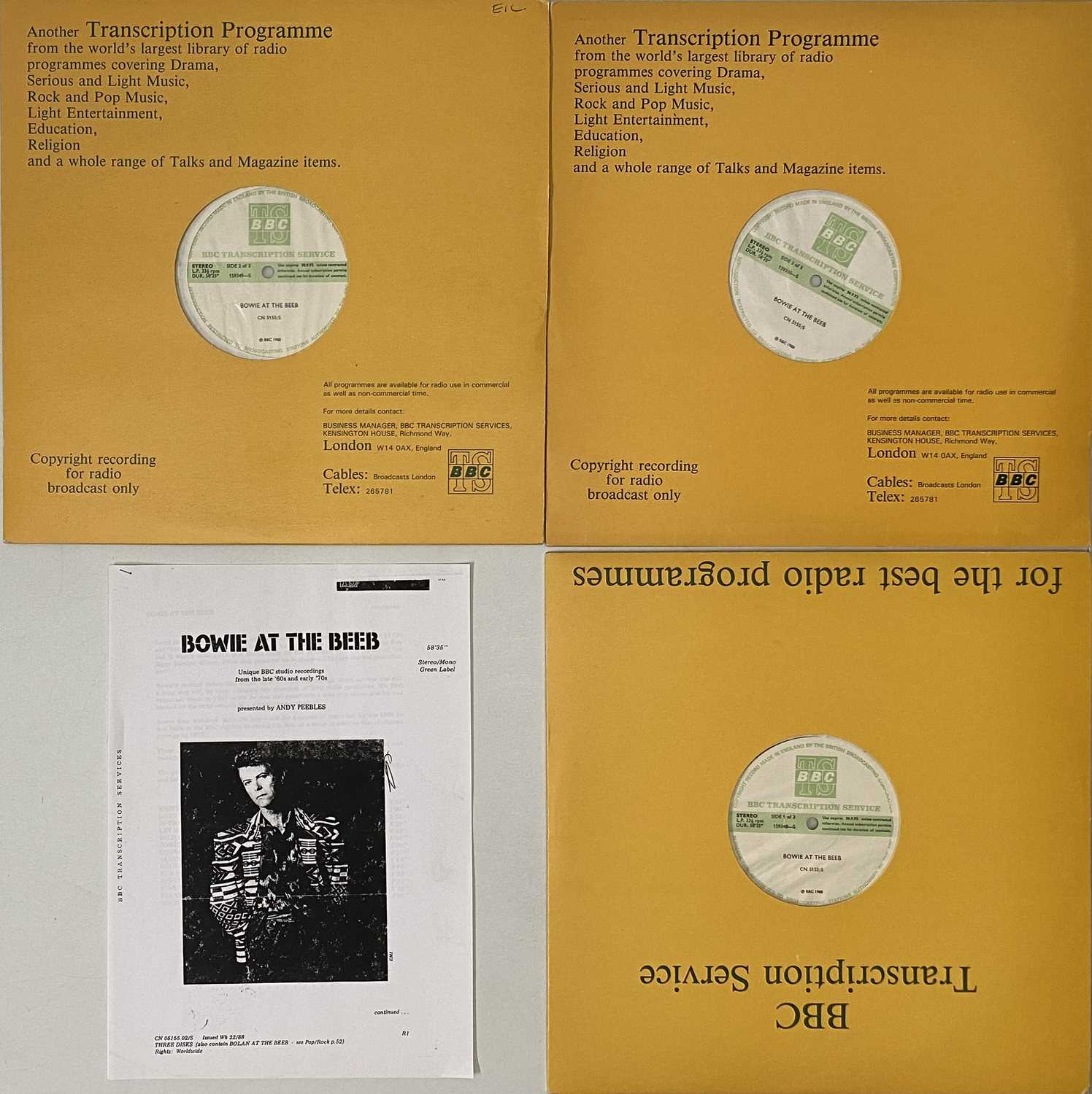 Lot 295 - BOWIE / BOLAN AT THE BEEB (CN 5155S) - BBC TRANSCRIPTIONS DISCS - COMPLETE LP SET