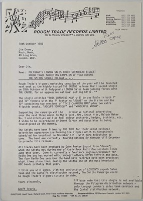 Lot 134 - THE SMITHS - THIS CHARMING MAN - 1983 PRESS RELEASE LETTER TO MUSIC WEEK MAGAZINE