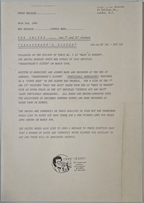 Lot 150 - THE SMITHS - SHAKESPEARE'S SISTER - 1985 PRESS RELEASE.