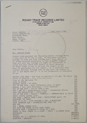 Lot 151 - SMITHS FILMS - 1987 PRESS LETTER TO LONDON WEEKEND TELEVISION.