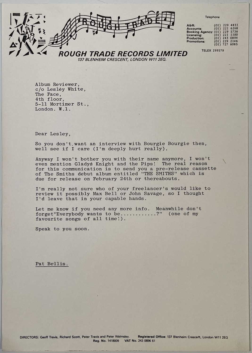 Lot 143 - THE SMITHS - 1984 PRESS LETTER TO THE FACE