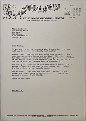 Lot 143 - THE SMITHS - 1984 PRESS LETTER TO THE FACE MAGAZINE FOR DEBUT ALBUM