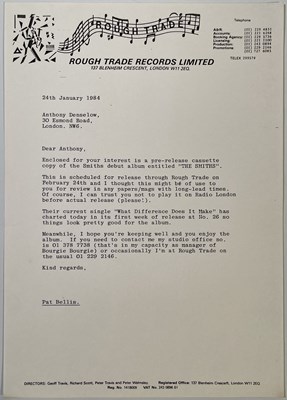 Lot 142 - THE SMITHS - 1984 PRESS LETTER TO RADIO LONDON FOR DEBUT ALBUM