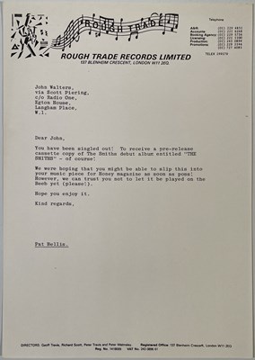 Lot 141 - THE SMITHS - 1984 PRESS LETTER TO BBC RADIO ONE FOR DEBUT ALBUM