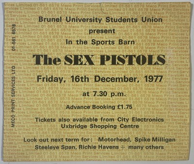 Lot 557 - THE SEX PISTOLS - ORIGINAL 1977 BRUNEL UNIVERSITY CONCERT TICKET STUB.