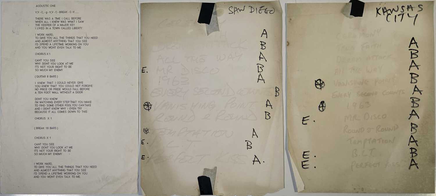 Lot 489 - NEW ORDER - TECHNIQUE TOUR - ORIGINAL PRINTED LYRIC SHEET AND TWO SET LISTS.