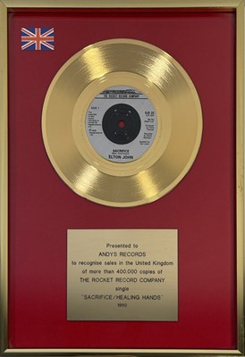 Lot 317 - ELTON JOHN - BPI SINGLES AWARD FOR 'SACRIFICE'.