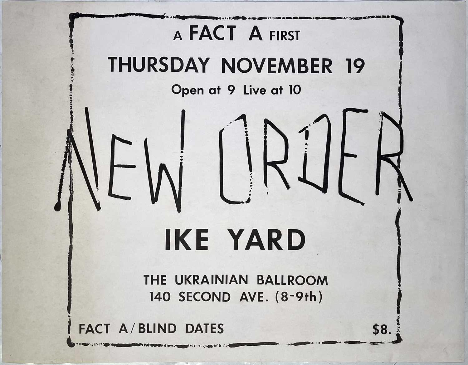 Lot 500 - NEW ORDER - A RARE ORIGINAL POSTER FOR THE NOVEMBER 1981 NEW YORK CONCERT.