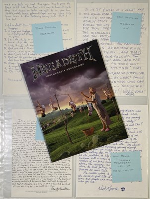 Lot 288 - MEGADETH - HANDWRITTEN LETTERS FROM BANDMEMBERS USED IN A TOUR PROGRAMME.