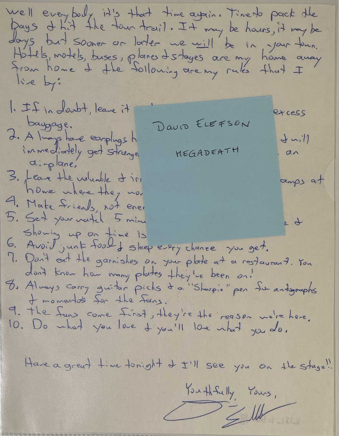 Lot 288 - MEGADETH - HANDWRITTEN LETTERS FROM