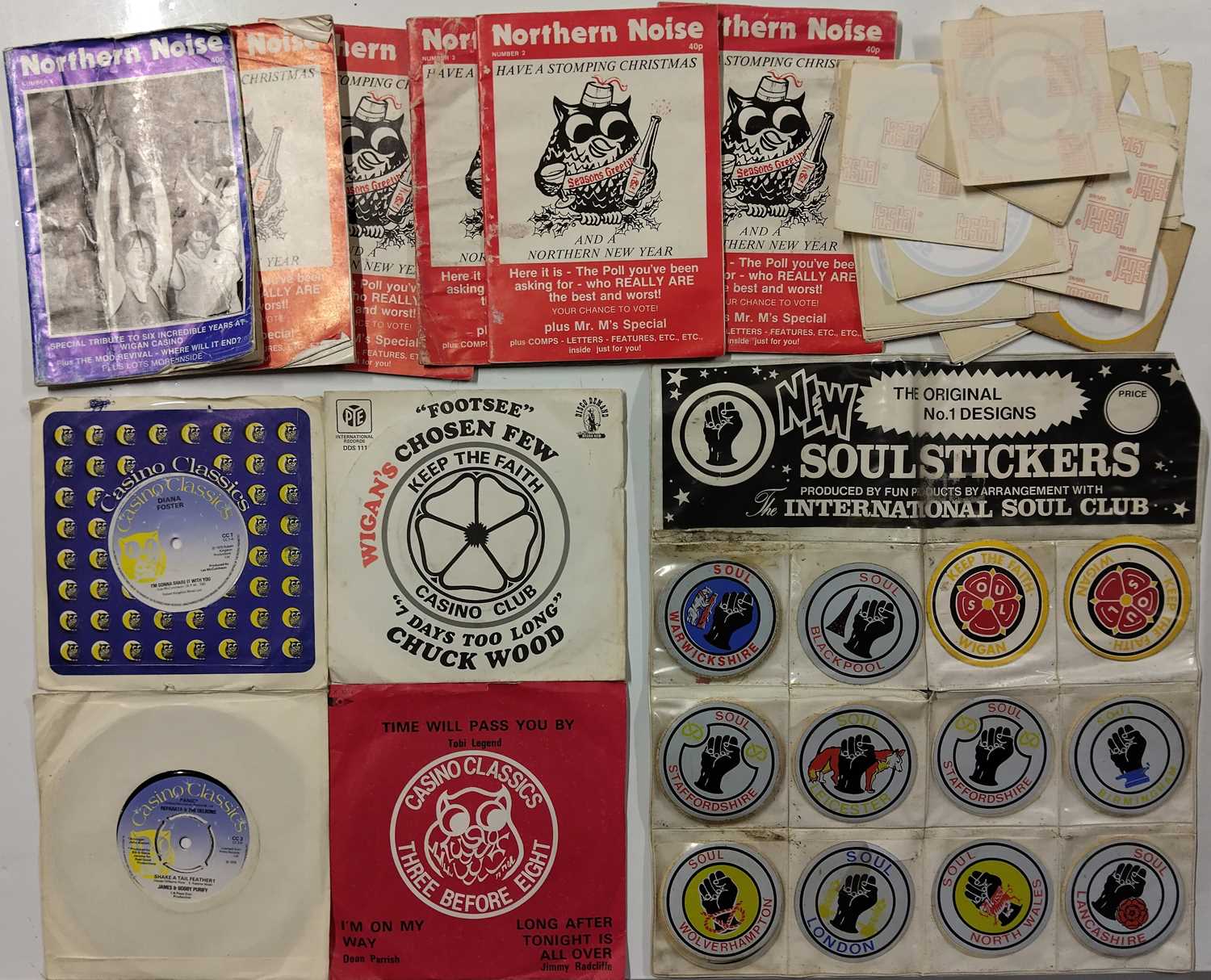 Lot 410 - NORTHERN / WIGAN CASINO INTEREST - NORTHERN NOISE FANZINES / STICKERS & 7" SINGLES