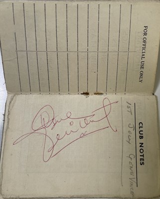 Lot 282 - THE BEATLES INTEREST - 1962 CAVERN CLUB MEMBERSHIP CARD SIGNED BY GENE VINCENT.