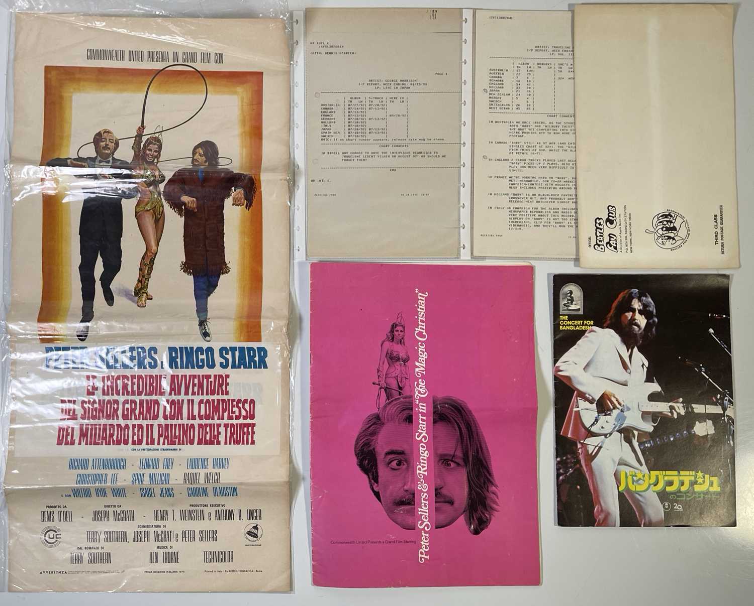 Lot 432 - THE BEATLES - MEMORABILIA INC MAGIC CHRISTIAN ITALIAN POSTER / GEORGE HARRISON SALES REPORT SHEETS.