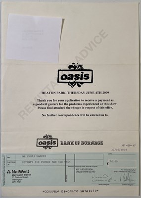 Lot 516 - OASIS - ORIGINAL 2009 'BANK OF BURNAGE' CHEQUE.