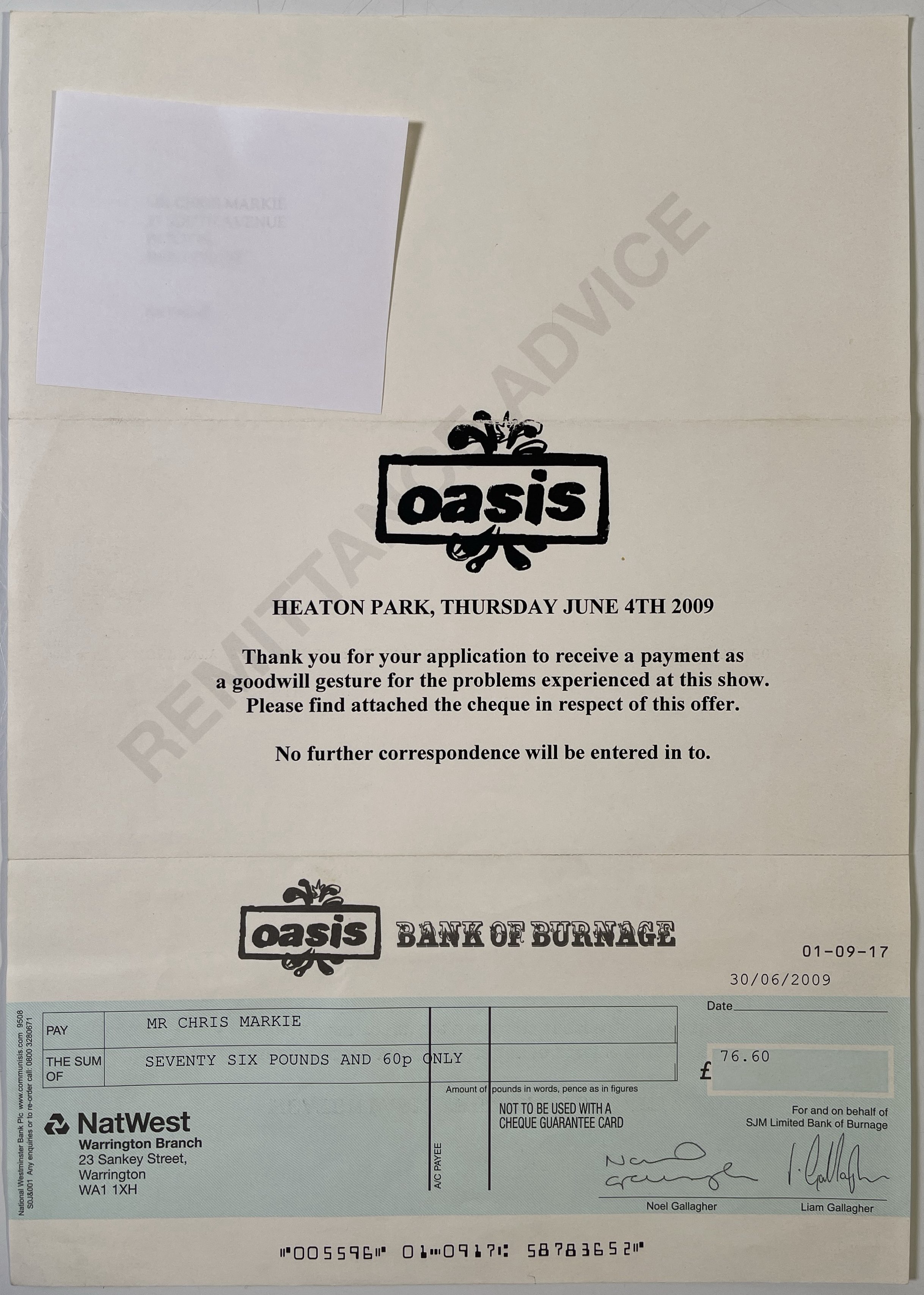 Lot 516 - OASIS - ORIGINAL 2009 'BANK OF BURNAGE'