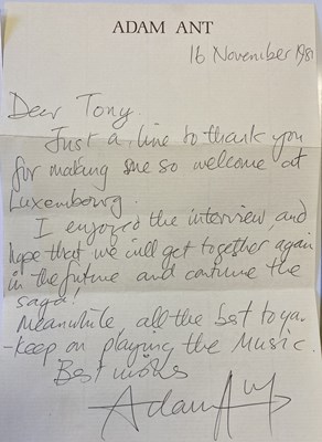 Lot 217 - ADAM ANT SIGNED HANDWRITTEN LETTER.