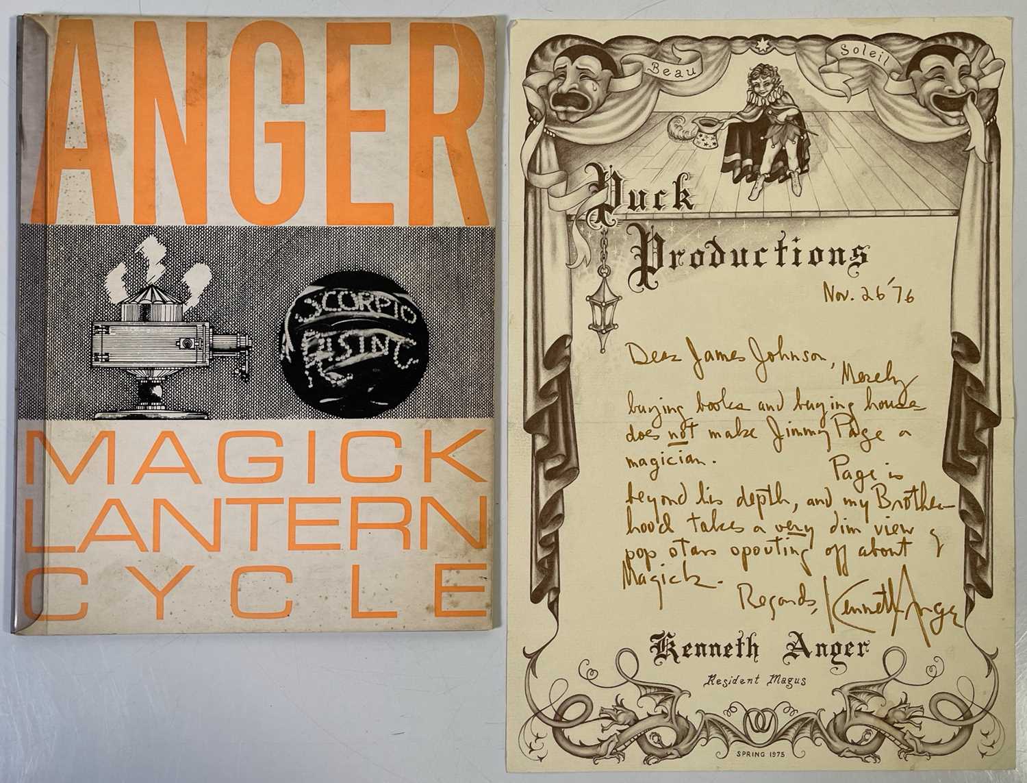 Lot 376 - FILM MEMORABILIA - ORGINAL BOOKLET FOR KENNETH ANGER - MAGICK LANTERN CYCLE AND WITH SIGNED LETTER.