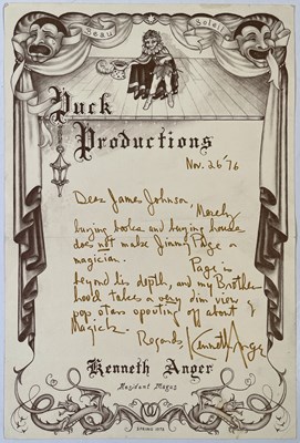 Lot 376 - FILM MEMORABILIA - ORGINAL BOOKLET FOR KENNETH ANGER - MAGICK LANTERN CYCLE AND WITH SIGNED LETTER.