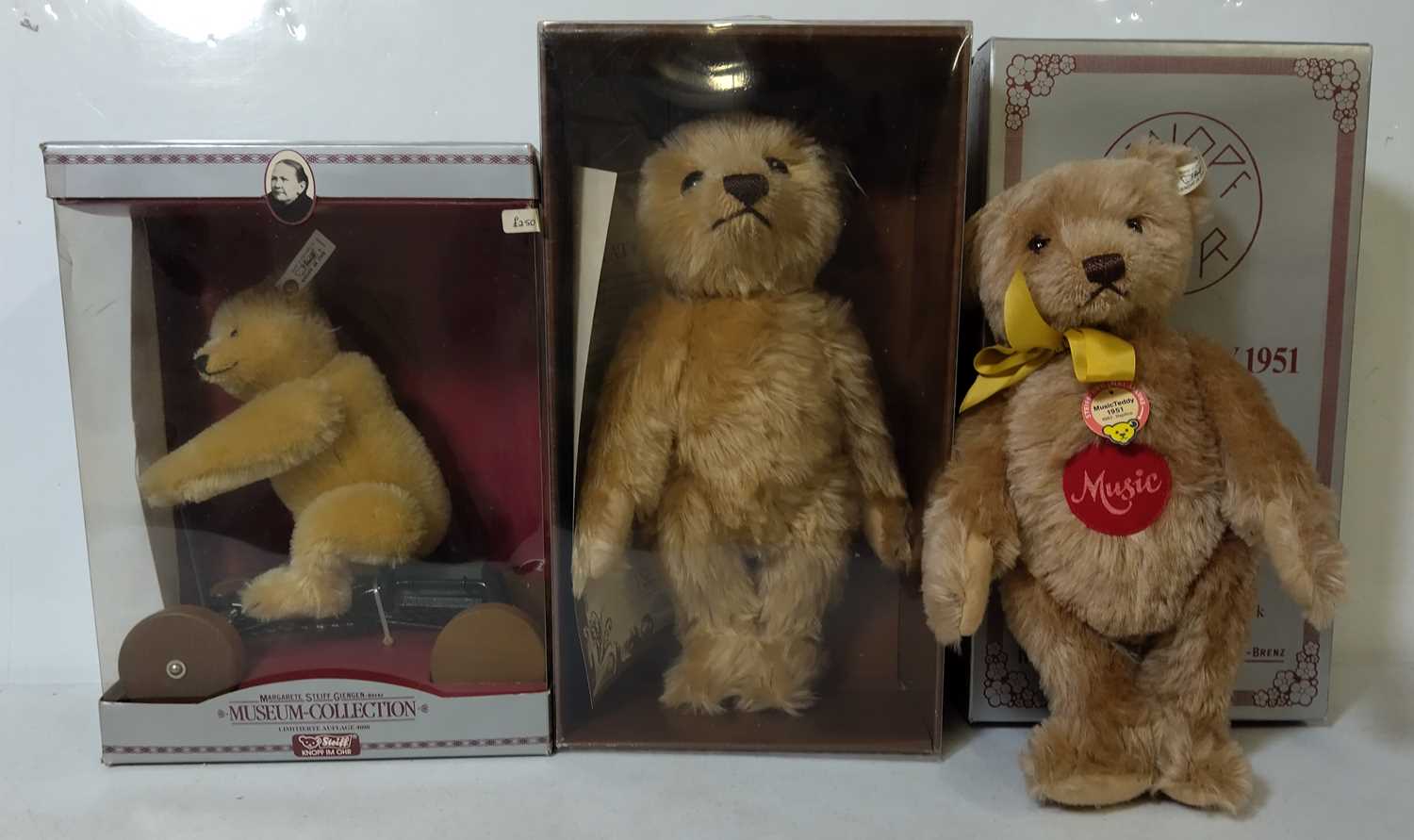 Lot 349 - Steiff Teddy Bears x 3 - British Collectors 1906 Replica, MusikTeddy Caramel 35, Record Teddy Bear