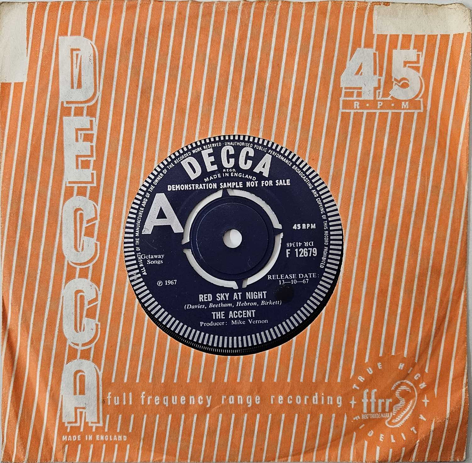 Lot 53 - THE ACCENT - RED SKY AT NIGHT 7" (ORIGINAL UK PROMO - DECCA F 12679)
