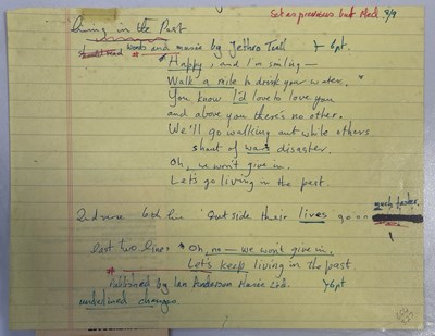 Lot 48 - JETHRO TULL - IAN ANDERSON HANDWRITTEN LYRICS FOR 'LIVING IN THE PAST'.