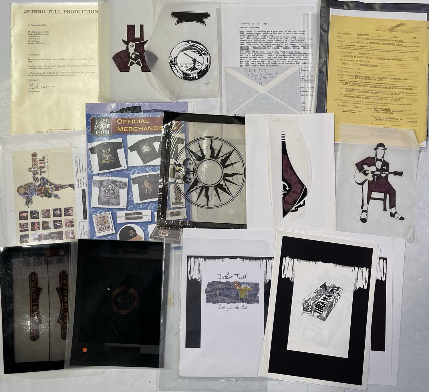 Lot 51 - JETHRO TULL - IAN ANDERSON SIGNED LETTER AND ARTWORK / MERCHANDISE PROOFS.