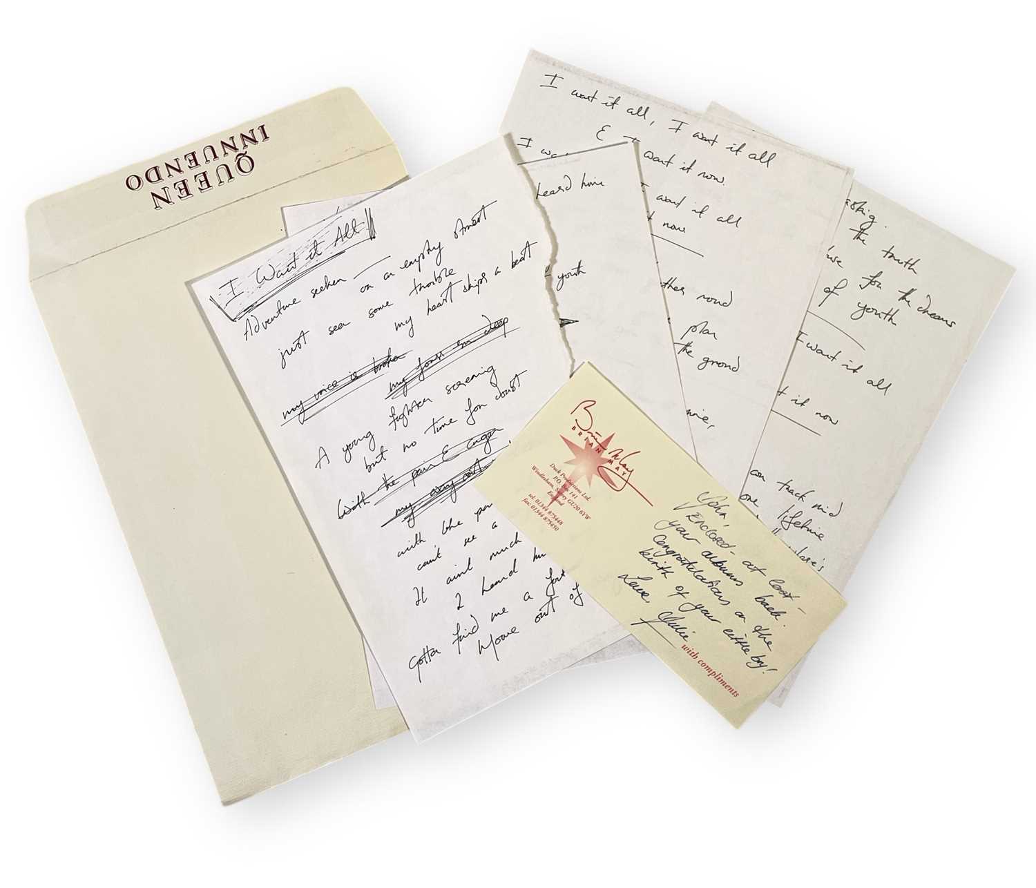 Lot 553 - QUEEN - FREDDIE MERCURY HANDWRITTEN LYRICS FOR 'I WANT IT ALL'.
