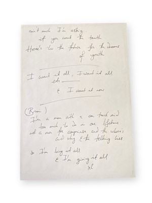 Lot 553 - QUEEN - FREDDIE MERCURY HANDWRITTEN LYRICS FOR 'I WANT IT ALL'.