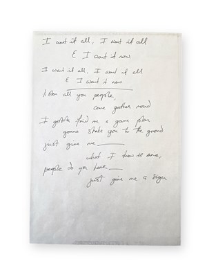 Lot 553 - QUEEN - FREDDIE MERCURY HANDWRITTEN LYRICS FOR 'I WANT IT ALL'.
