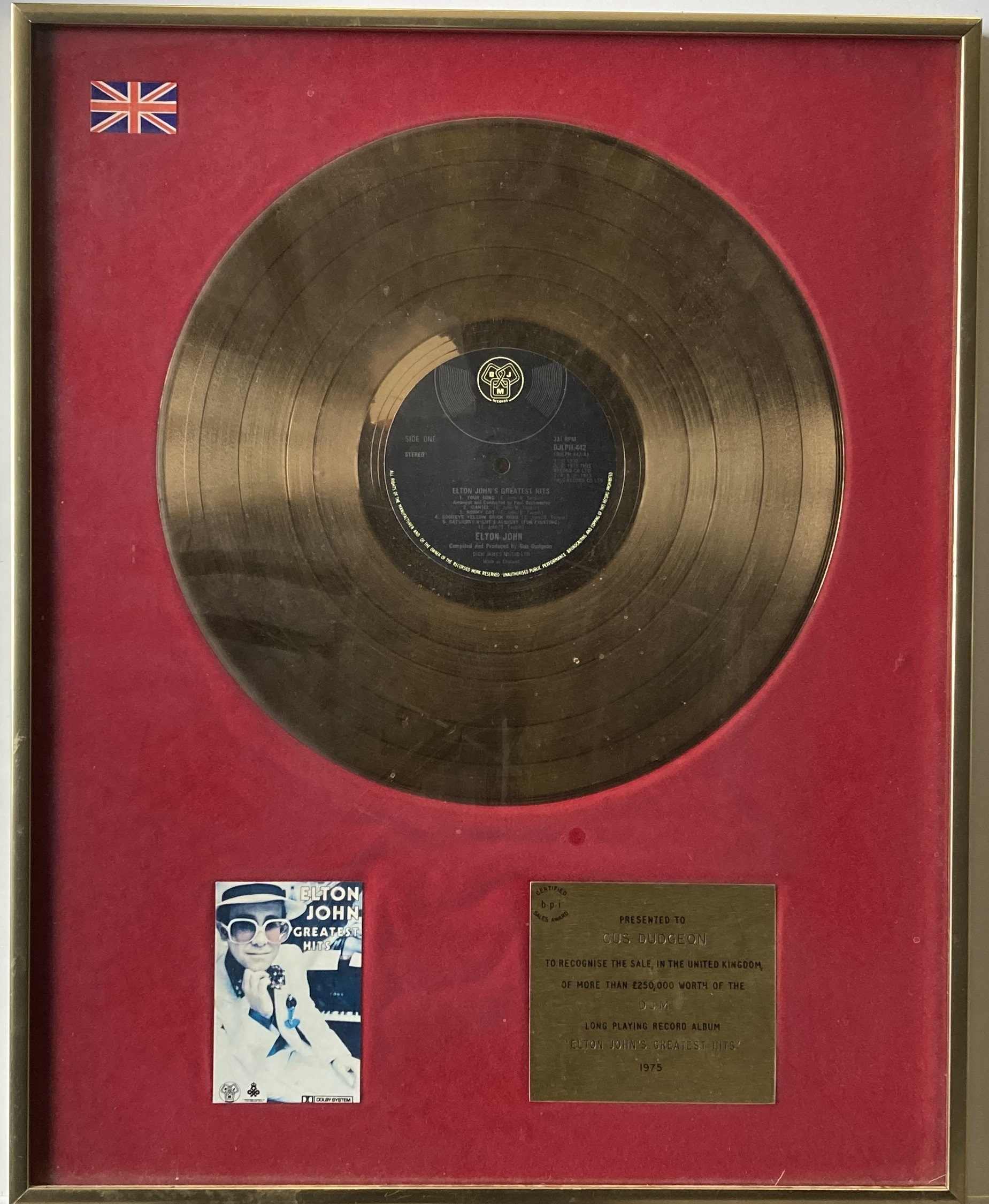 Lot 275 ELTON JOHN GREATEST HITS BPI AWARD.
