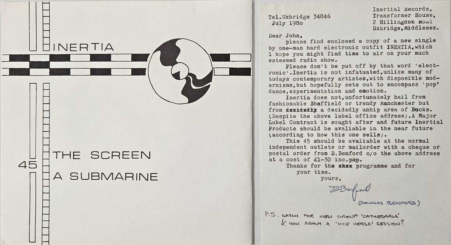 Lot 11 - INERTIA - THE SCREEN/ A SUBMARINE 7" (UK ORIGINAL W/ LETTER - ERT-1)