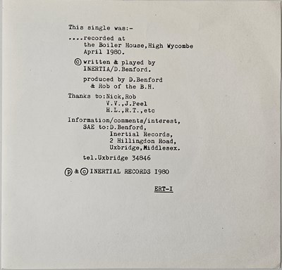 Lot 11 - INERTIA - THE SCREEN/ A SUBMARINE 7" (UK ORIGINAL W/ LETTER - ERT-1)