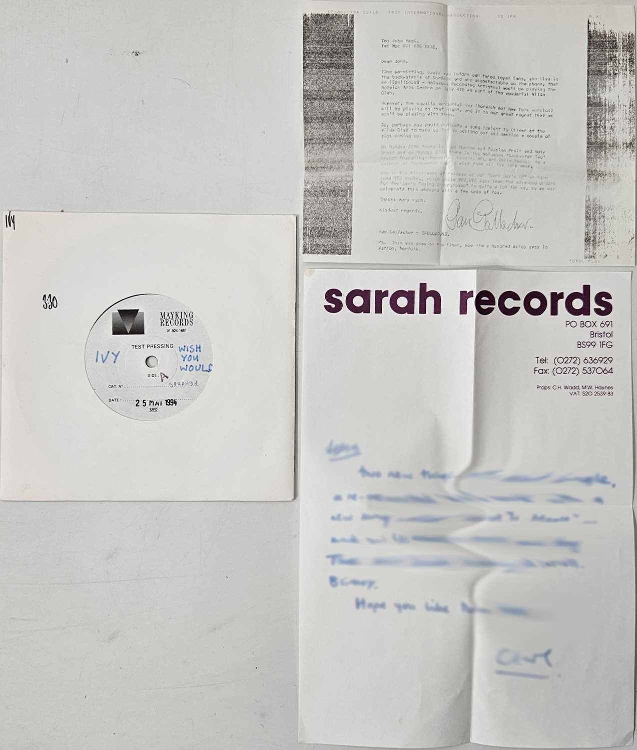 Lot 12 - IVY - WISH YOU WOULD/ NOWHERE TO MOURN 7" TEST PRESSING (UK INDIE W/ LETTER TO JOHN - SARAH 91)