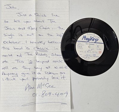Lot 14 - THE JESUS AND MARY CHAIN - UPSIDE DOWN 7" TEST PRESS (W/ HAND-WRITTEN LETTER TO JOHN FROM ALAN MCGEE - CRE 012)