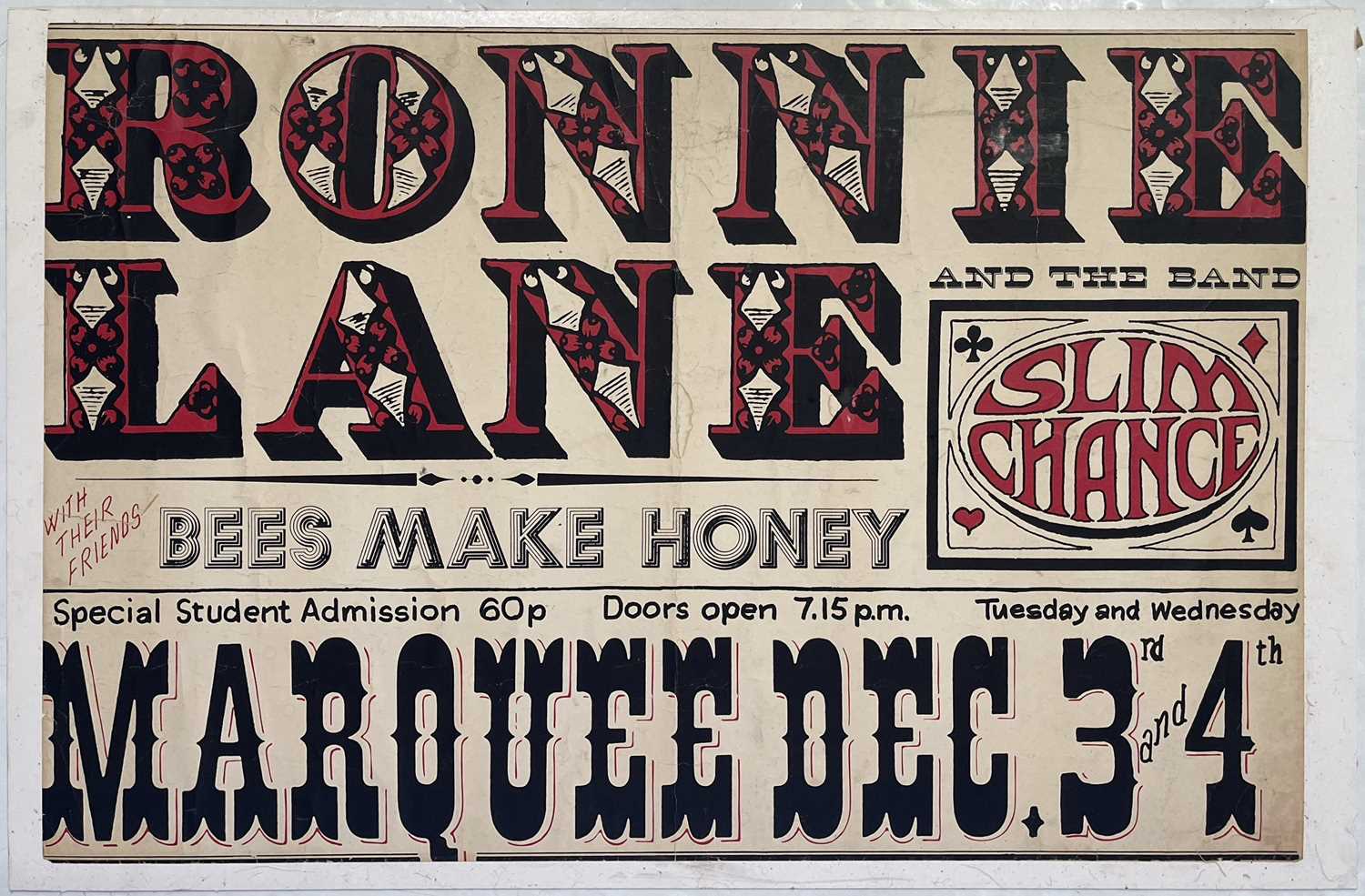 Lot 13 - RONNIE LANE & SLIM CHANCE - ORIGINAL 1974 MARQUEE CLUB POSTER.