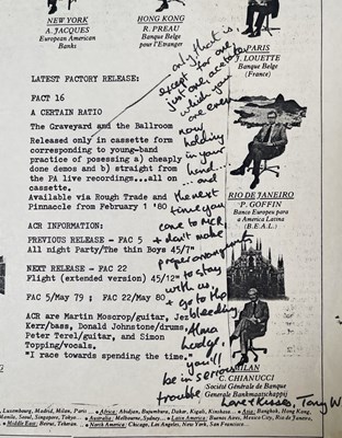 Lot 401 - JOY DIVISION - MEMORABILIA INC HANDWRITTEN NOTE FROM TONY WILSON / ORIGINAL 1980 KIM PHILBY CLUB HANDBILL / UP STICKER.