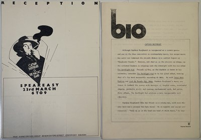 Lot 357 - CAPTAIN BEEFHEART - ORIGINAL 1972 BIOGRAPHY SHEET AND CONCERT INVITE.