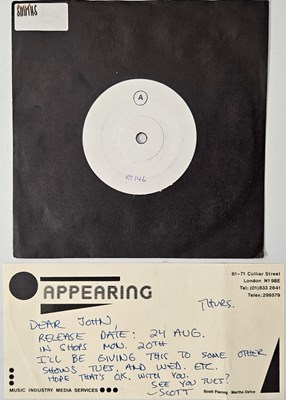 Lot 252 - THE SMITHS - WHAT DIFFERENCE DOES IT MAKE? 7" (RT146 - WHITE LABEL TEST PRESSING - INCLUDES HANDWRITTEN LETTER)