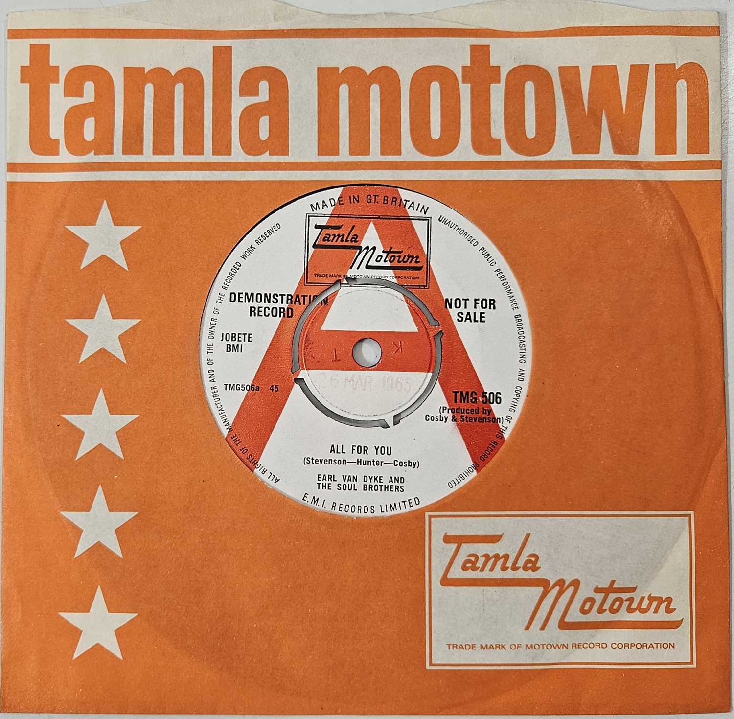 Lot 14 - EARL VAN DYKE AND THE SOUL BROTHERS - ALL FOR YOU 7" (PROMO - TMG 506)