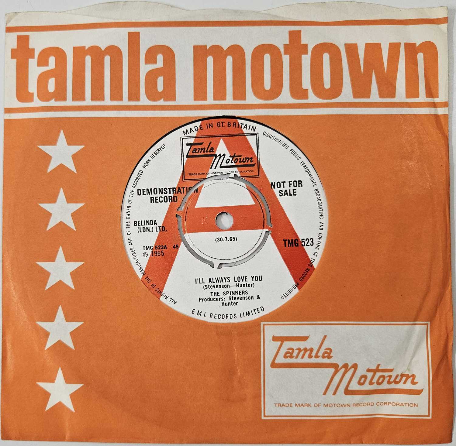 Lot 27 - THE SPINNERS - I'LL ALWAYS LOVE YOU 7" (DEMO - TMG 523)