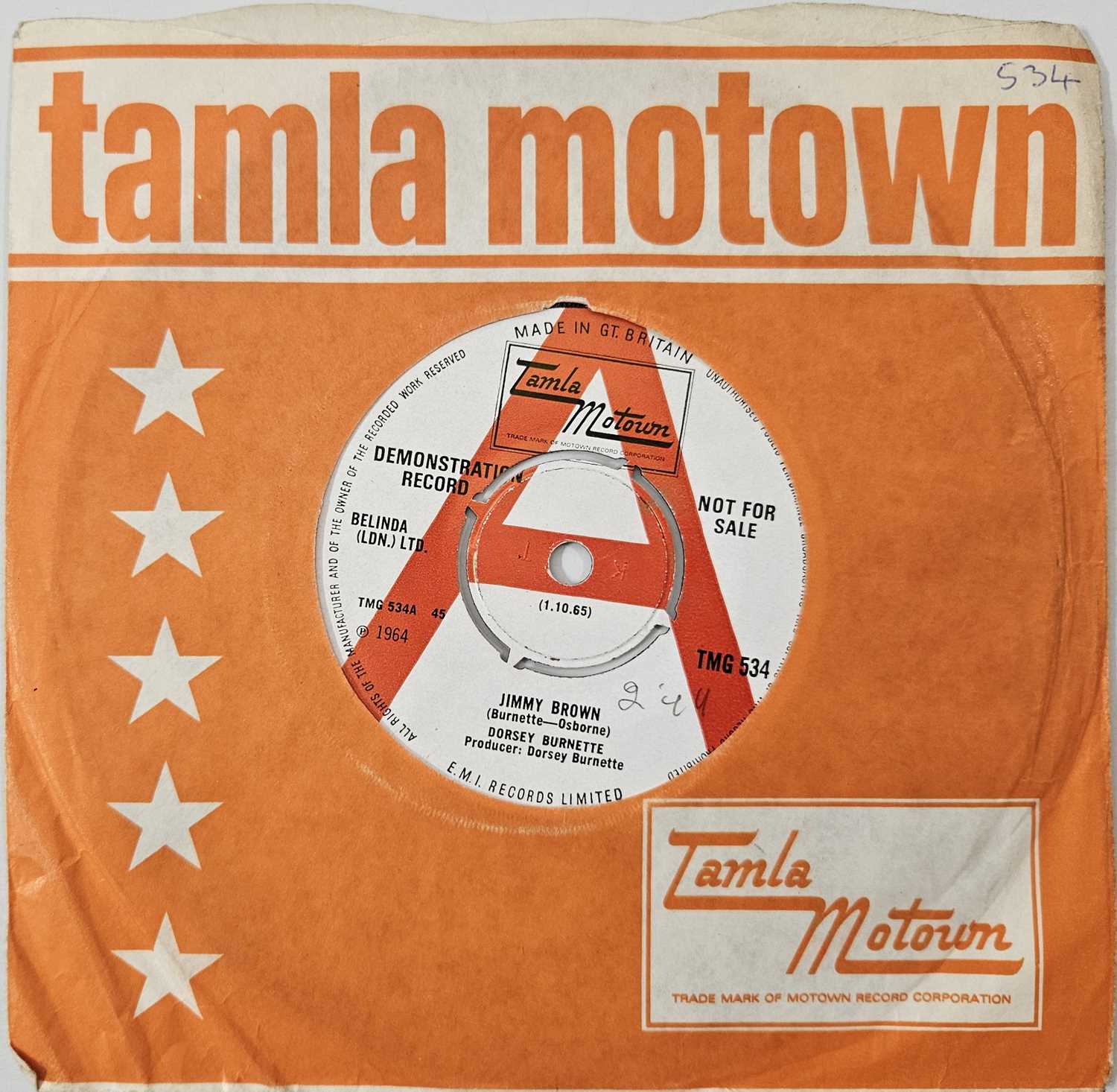 Lot 34 - DORSEY BURNETTE - JIMMY BROWN 7" (DEMO - TMG 534)