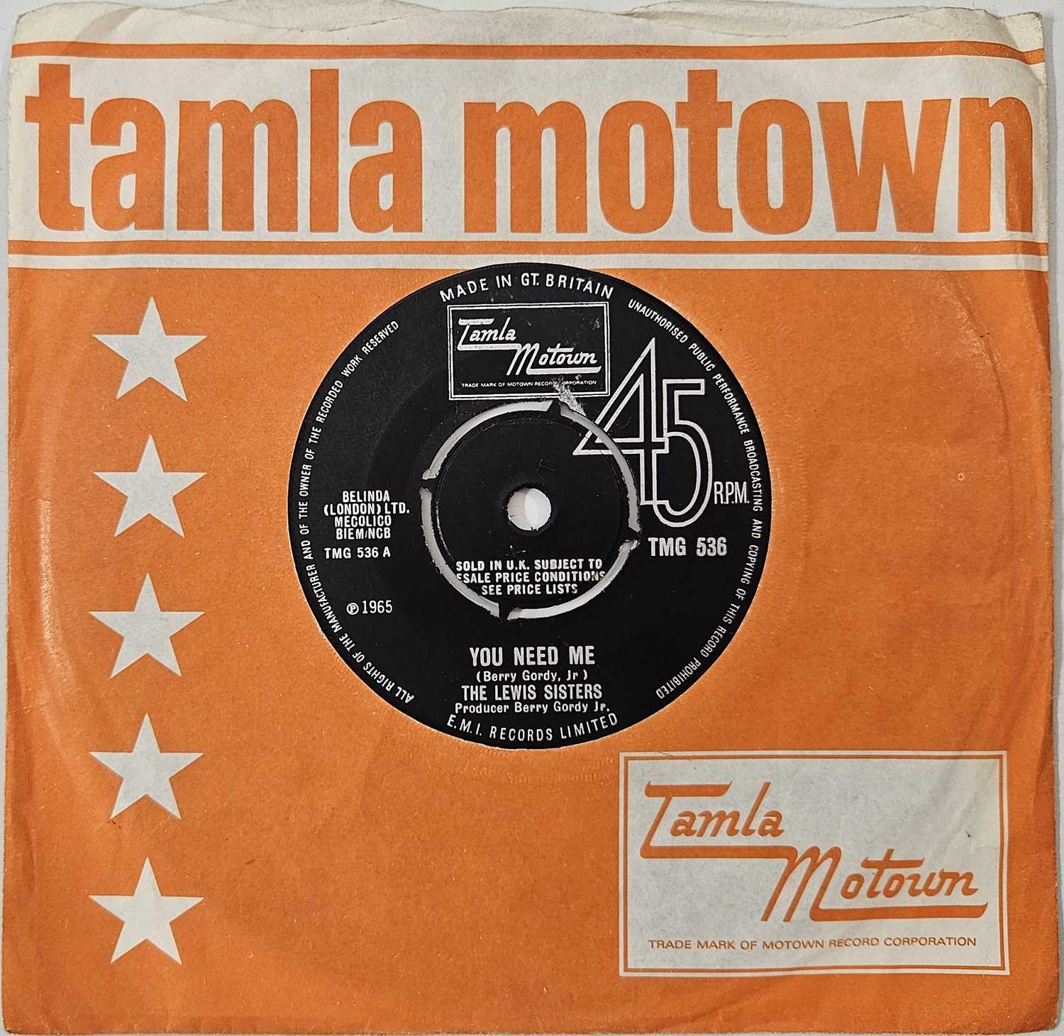 Lot 35 - THE LEWIS SISTERS - YOU NEED ME 7" (ORIGINAL UK PRESSING - TMG 536)