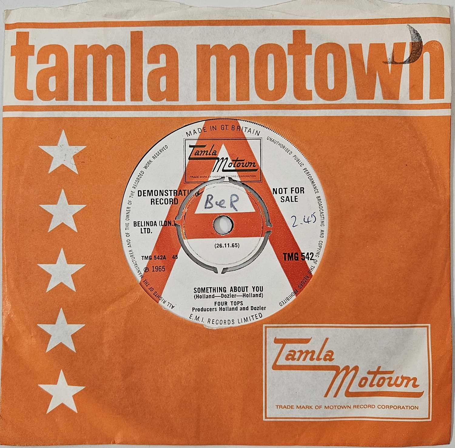 Lot 40 - FOUR TOPS - SOMETHING ABOUT YOU 7" (DEMO - TMG 542)