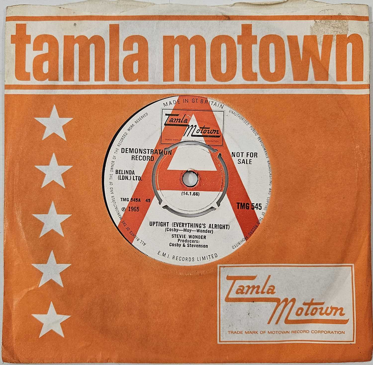 Lot 43 - STEVIE WONDER - UPTIGHT (EVERYTHING'S ALRIGHT) 7" (DEMO - TMG 545)