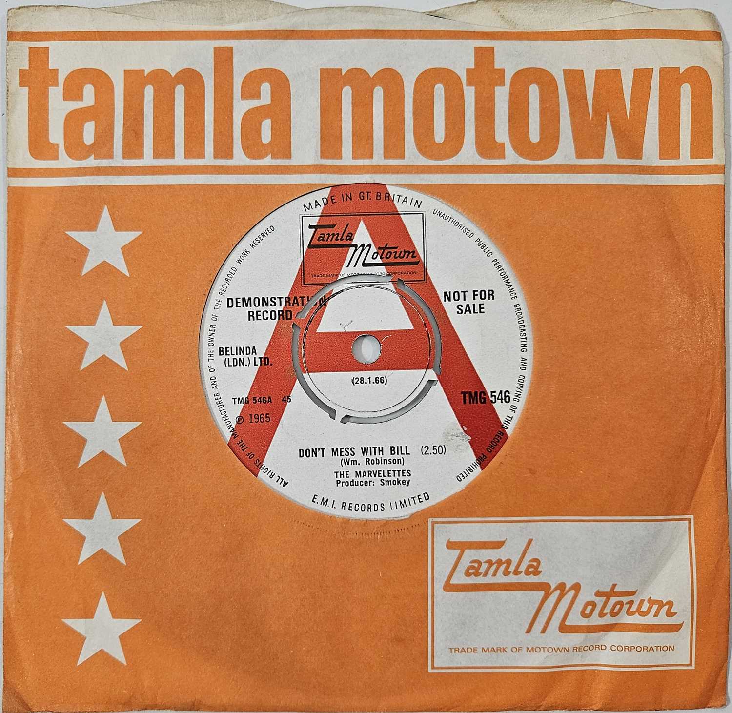 Lot 44 - THE MARVELETTES - DON'T MESS WITH BILL 7" (DEMO - TMG 546)