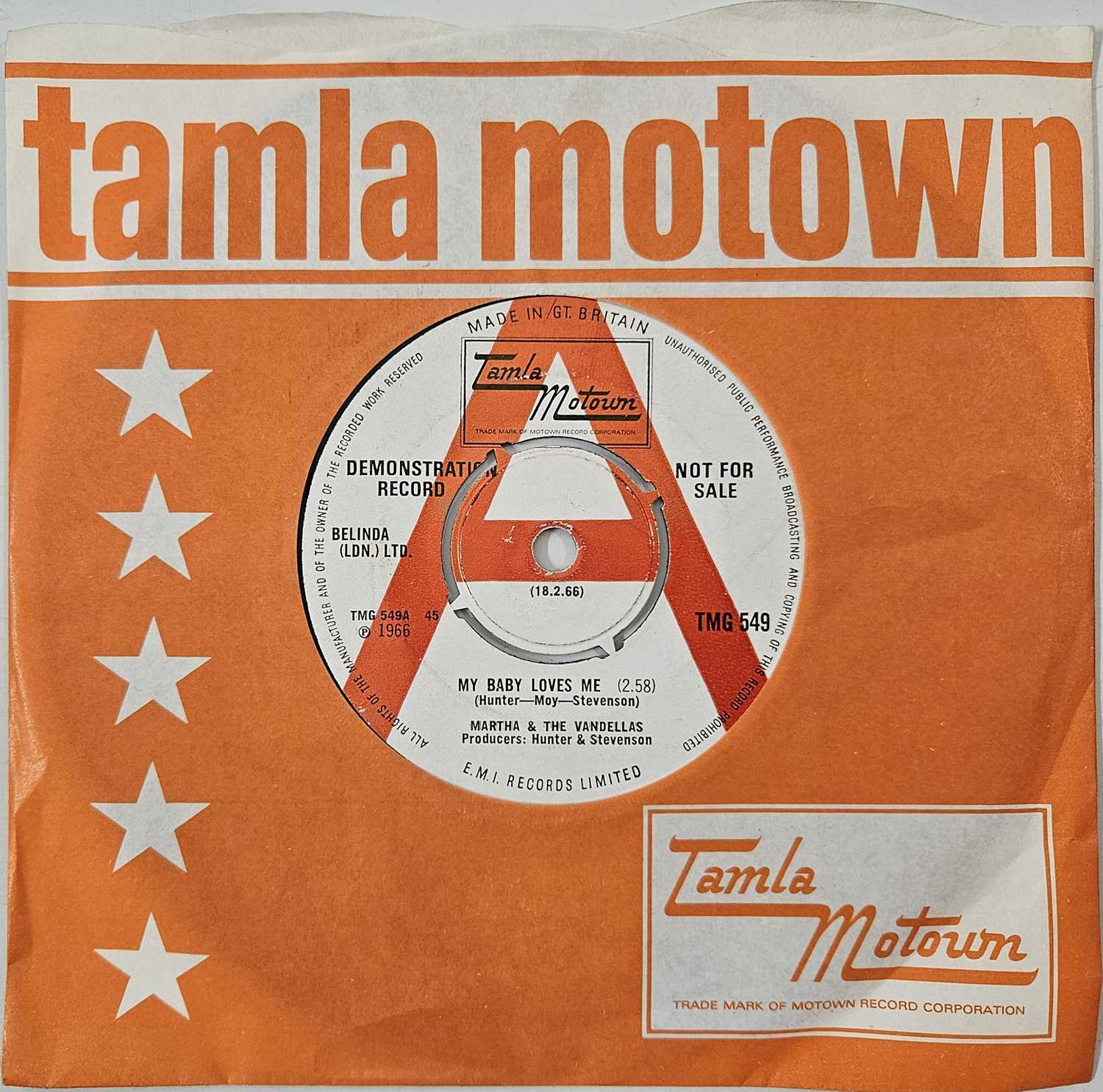 Lot 45 - MARTHA & THE VANDELLAS - MY BABY LOVES ME 7" (DEMO - TMG 549)